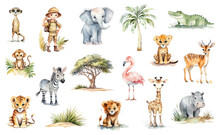 Watercolor Big Safari Set Isolated On White. African Safari Animals - Elephant, Giraffe, Crocodile, Tiger, Lion, Cheetah, Zebra, Flamingo, Monkey, Meerkat And Others, Young Explorer And African Trees.