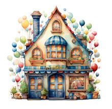 Watercolor Colorful House With Tree, Fairytale House Illustration. Generative AI, Png Image