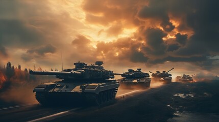 Wall Mural - Tanks with tankers turn around and go to the training