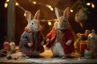 a pair of rabbits in festive outfits joyously reveling in Christmas. Generative AI