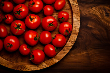 Wall Mural - Wooden bottom with tomatoes. Top view. Generative AI