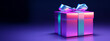 © PEPPERPOT - 3d Holographic Gift Box on Glowing Background. Present with Bow in Neon Colours. Mock-up Poster, Christmas Birthday New Year Winning Gift Box, 3D Render.