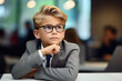 © Anzhela - Portrait of a thinking boy in glasses and a suit, sitting at a table in classroom, attentively listening to the teacher's explanations