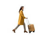 Fototapeta  - Figure of a young woman walking with a suitcase on a white transparent background. PNG file. Generative artificial intelligence