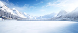 Ice Rink Background on luxury mountain resort. Ice skating. Scenery hotels of Alps on snowy winter landscape. Vacation, travelling concept. Copy space. Stadium. Panoramic view. Generative ai
