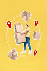 Canvas Print - Vertical creative composite illustration photo collage of astonished man hold heavy boxes packages isolated on yellow color background