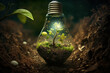 Embrace sustainability with this creative concept featuring a green plant thriving inside a light bulb on fertile soil. Ai generated