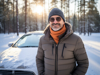 Smiling happy adult man with a beard and glasses in a warm jacket on a winter walk in a snow park. Portrait close-up