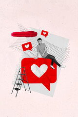 Poster - Vertical collage image of excited mini black white effect guy climb ladder sit point finger huge like notification isolated on beige background