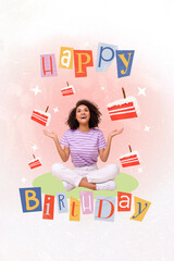 Poster - Image collage picture of positive joyful girl celebrating birthday anniversary eating cake isolated on drawing background