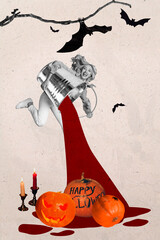 Poster - Boo scary happy halloween lumberjack girl prepare event pouring blood bucket jumping have fun collage isolated on grey color background