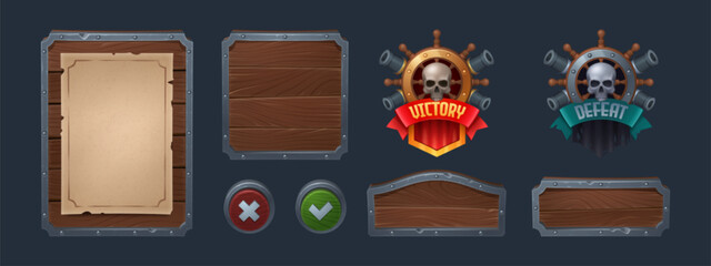Poster - pirate adventure game ui elements isolated on background. vector cartoon illustration of wooden boar