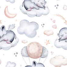 Watercolor Pattern For Children With Sleeping Elephant And Koala. Rabbit Print For Baby Fabric, Poster Pink With Beige And Blue Clouds, Moon, Sun. Nursery Print Illustration Textile