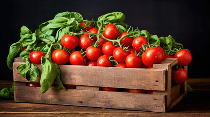 Wall Mural - Harvest tomatoes in wooden box with green leaves and flowers. Vegetable still-life Isolated on black background.