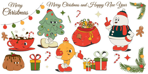  set of cartoon Christmas cute characters:christmas tree,snowman,balloon toy,cocoa mug with sweets,cupcake,gift boxes,candy,ginger cookies,fir branches,red bag.Vector illustration in trendy retro style