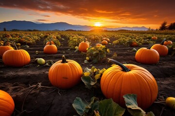 Poster - Pumpkin field at sunset