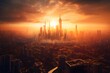 Futuristic city skyline at sunset, warm tones, busy aerial traffic, a blend of modernity and nature, capturing the city's transition from day to night Created with Generative AI	