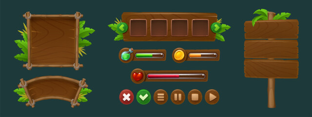 Poster - Wooden frames and score bars, boards and buttons with jungle leaves and copy space for game user interface design. Cartoon set of menu and text panels and banners with texture of wood and forest plant