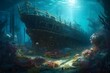 Mysterious underwater world with an ancient shipwreck nestled among the coral, shafts of sunlight penetrating the depths, an atmosphere of exploration and discovery. Created with Generative AI	
