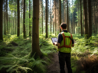 Forestry technician writing notes on tablet in forest to study renewable energy technology