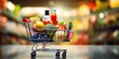 Shopping cart filled with food and drinks and supermarket shelves in the background, grocery shopping concept : Generative AI