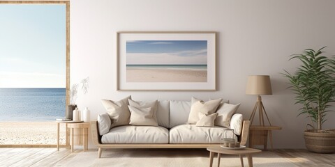 Wall Mural - Coastal style living room interior with frame mockup : Generative AI