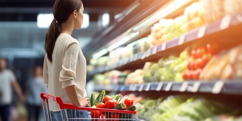 consumerism and people concept - woman with shopping cart or trolley buying food at grocery store or supermarket : Generative AI