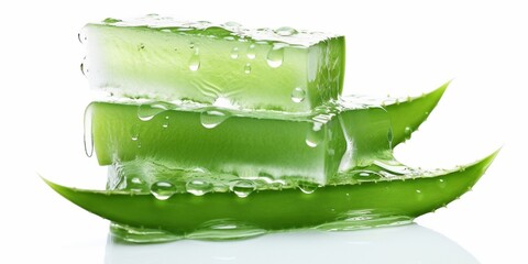 Poster - Stack of Aloe vera sliced with gel dripping isolated on white background. : Generative AI