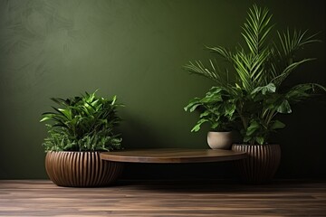 Wall Mural - Potted Plants on Brown Wooden Table with Green Wall Background