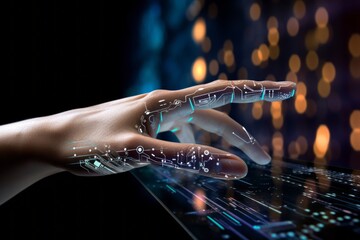 Wall Mural - human hand touches the information digital environment, metaverse, digitalization. a person’s hand r