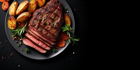 Poster - grilled beef steak and potatoes on plate isolated on white background, top view : Generative AI
