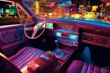Interior Of A Retro Car With A Neon Effect. Nostalgia.