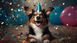 Dog celebrates birthday wearing party hat, confetti all around
