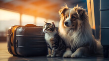 Dog And Cat Sitting With A Suitcase At The Airport, Holidaying And Vacation With Friend Concept