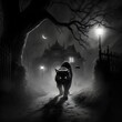 © Man - A scary angry black cat with big evil eyes running towards the camera with open mouth a foggy night spooky a big tree tombs and a cemetery around shadows of assassins passing action shot greyscale