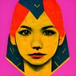 woman face in a neo pop art style a collage of a girl with geometrical and sacred geometry tattoos on her chest colors pop art surreal woman face young girl photorealistic photography style with 