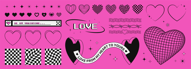 Aufkleber - Set of trendy Valentine's Day Y2K graphic shapes on a pink acid background, hearts and stars symbols, frames, chessboards, 3d heart and gates. Vector art.