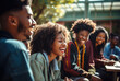 © Odin AI - Portrait of smiling friends sitting at cafe on sunny day
