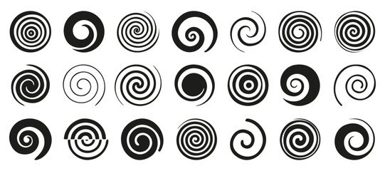 Funnel or swirl icons. Black vortex logo. Set of spiral element. Funnel icon collection