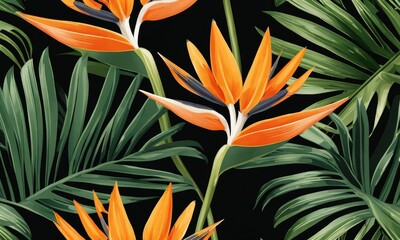 Wall Mural - Seamless pattern, tropical strelitzia flowers, palm leaves in green color. 3d vintage illustration, dark background, premium texture, art.Luxury wallpaper, mural, cloth, curtains, poster,Generative AI