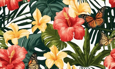 Wall Mural - Tropical seamless pattern with beautiful blonde women, bouquets of hibiscus, plumeria, cactus flowers, monstera, palm, banana leaves, butterflies. Hand-drawn vintage 3D illustration, Generative AI