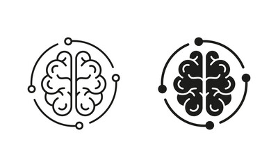 Poster - Human Brain and Digital Technology Silhouette and Line Icons Set. Neurology and Artificial Intelligence Black Symbol Collection on White Background. Tech Science Sign. Isolated Vector Illustration