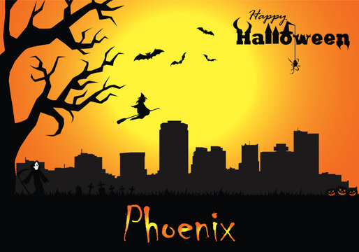 Scary Halloween greeting card with panorama of Phoenix at sunset