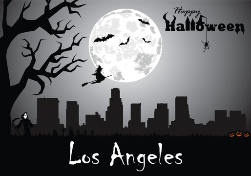 Scary Halloween greeting card with panorama of Los Angeles at midnight