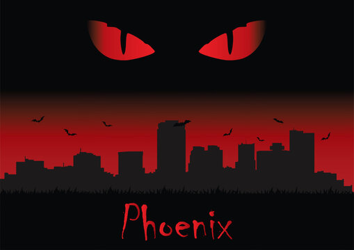 Scary Halloween greeting card with evil eyes overlooking panorama of Phoenix