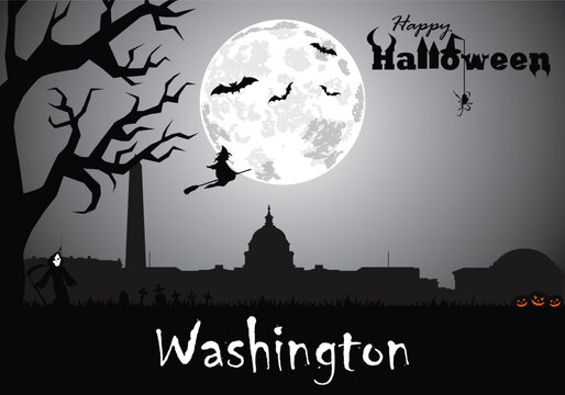Scary Halloween greeting card with panorama of Washington at midnight