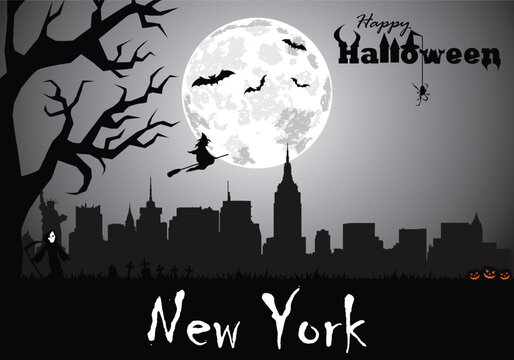 Scary Halloween greeting card with panorama of New York City at midnight