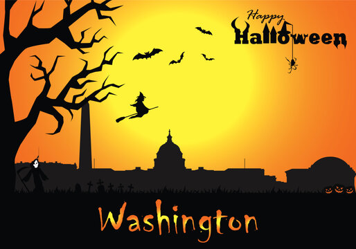 Scary Halloween greeting card with panorama of Washington at sunset