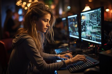 Poster - side view photo of lady programmer looking at big monitor, checking id address, working overtime, checking, debugging system, wearing specs, casual shirt, sitting at desk, late at night, office