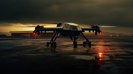 Wall Mural - Silhouette of spy drone ready for takeoff on the runway